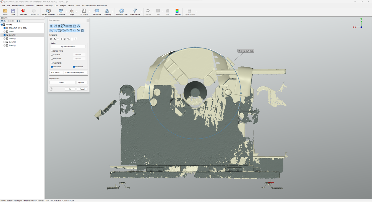 The diameter measurement of the chuck is 315.094 mm.